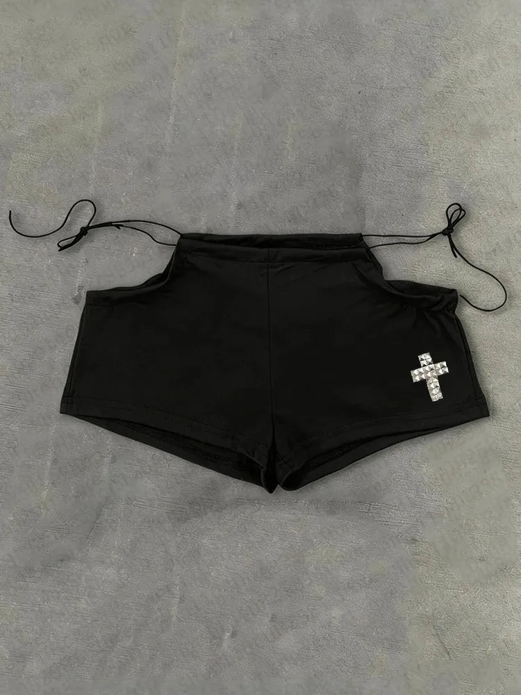 Streetwear Aesthetic Hot Pants Women White Cross Print Side Tie Low Rise Micro Shorts 2026