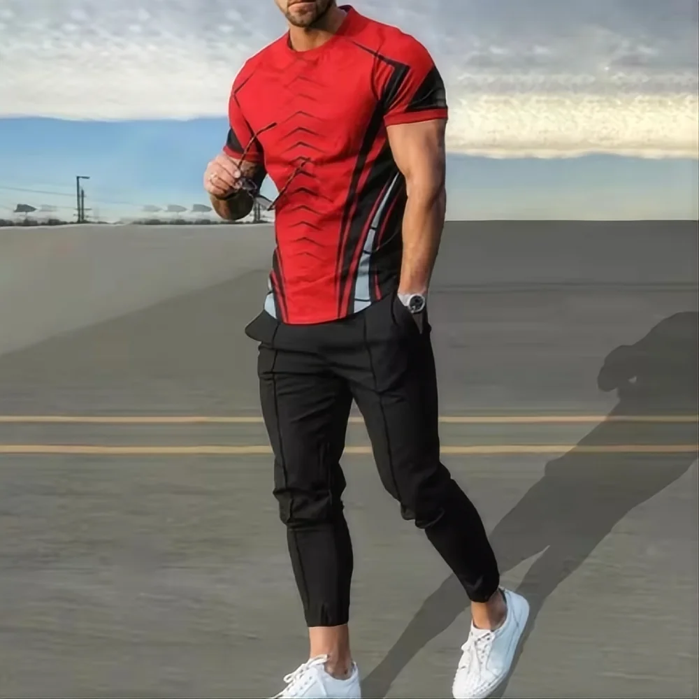 Summer basketball sportswear set short sleeved T-shirt long pants two-piece set men's sportswear 3D printed casual oversized men
