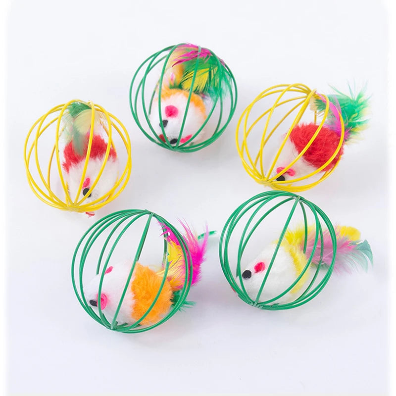 Interactive Cat Toy, Indoor Mouse Toy with Wire Cage for Tossing and Self Play, Boredom Buster for Cats