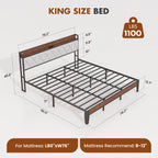 JHK King Size Soft Pack Heavy Duty Metal Bed Frame with Headboard Charging Station 1100lbs Capacity Easy Assembly For Bedroom