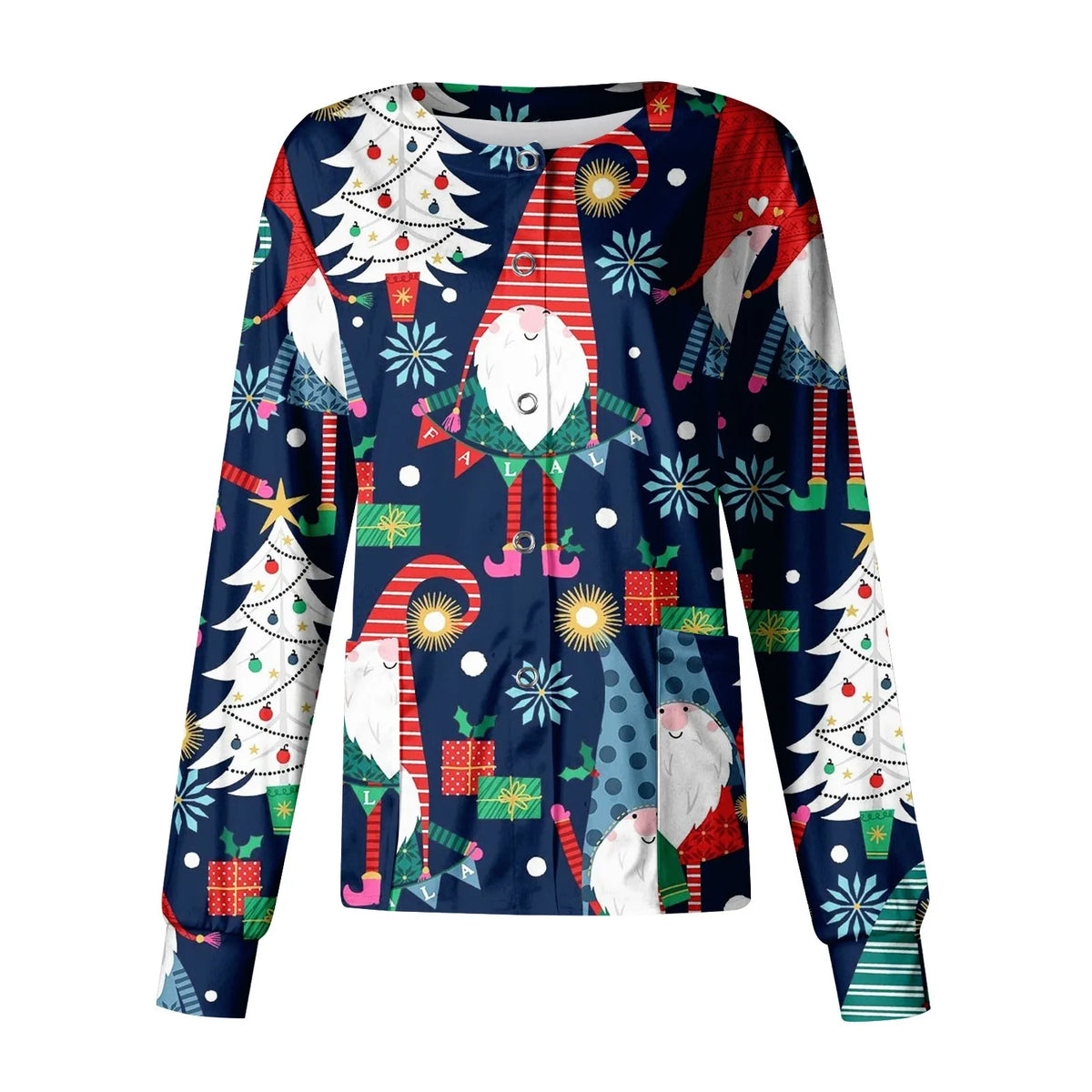 Christmas Womens Scrub Uniform Tops 2024 Long Sleeve Christmas Tree Printed Top Nurses Working T Shirts Blouse With Pockets