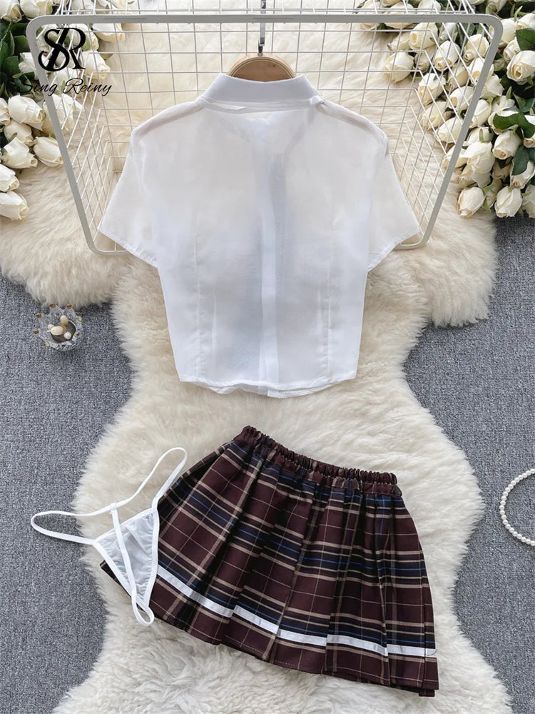 SINGREINY Plaid JK Uniform Erotic Suits Lingerie Female Short Sleeve Blouses+Pleated Skirts Suits Women Cosplay Sheer Sexy Sets