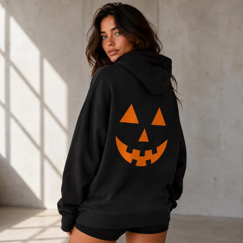Halloween Hoodie Pumpkin Jack O Lantern Back Print Orange Black Spooky Pullover Unisex Fall Casual Hooded Sweatshirt