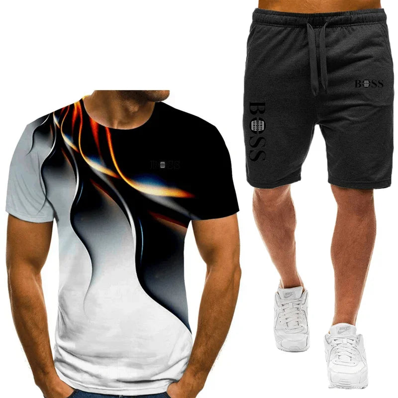 Men's T-shirt and shorts set, running fashion printed short sleeved sports T-shirt, summer 2024