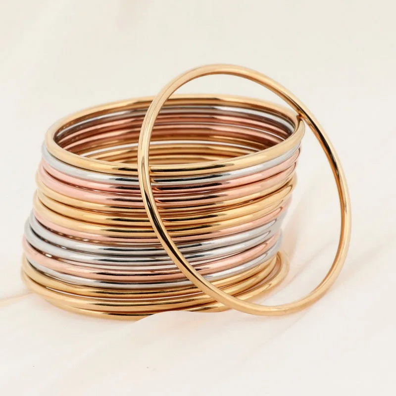 7pcs /set Lot Women Girls Bracelet Stainless Steel 3mm Thin Round Wire Plain Cuff Bangle Multi-color Joint layered 65mm KB63146