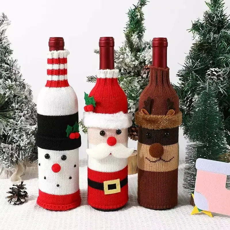 Christmas Wine Bottle Cover Set Santa Snowman Woven Wine Bottle Bags for Christmas Party Dinner Table Decorations New Year Gifts