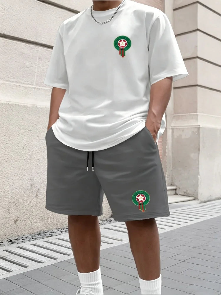 Youth Men's Fashionable Casual Sports Two-Piece Set Print Summer Short-Sleeved T-Shirt And Shorts Ensemble