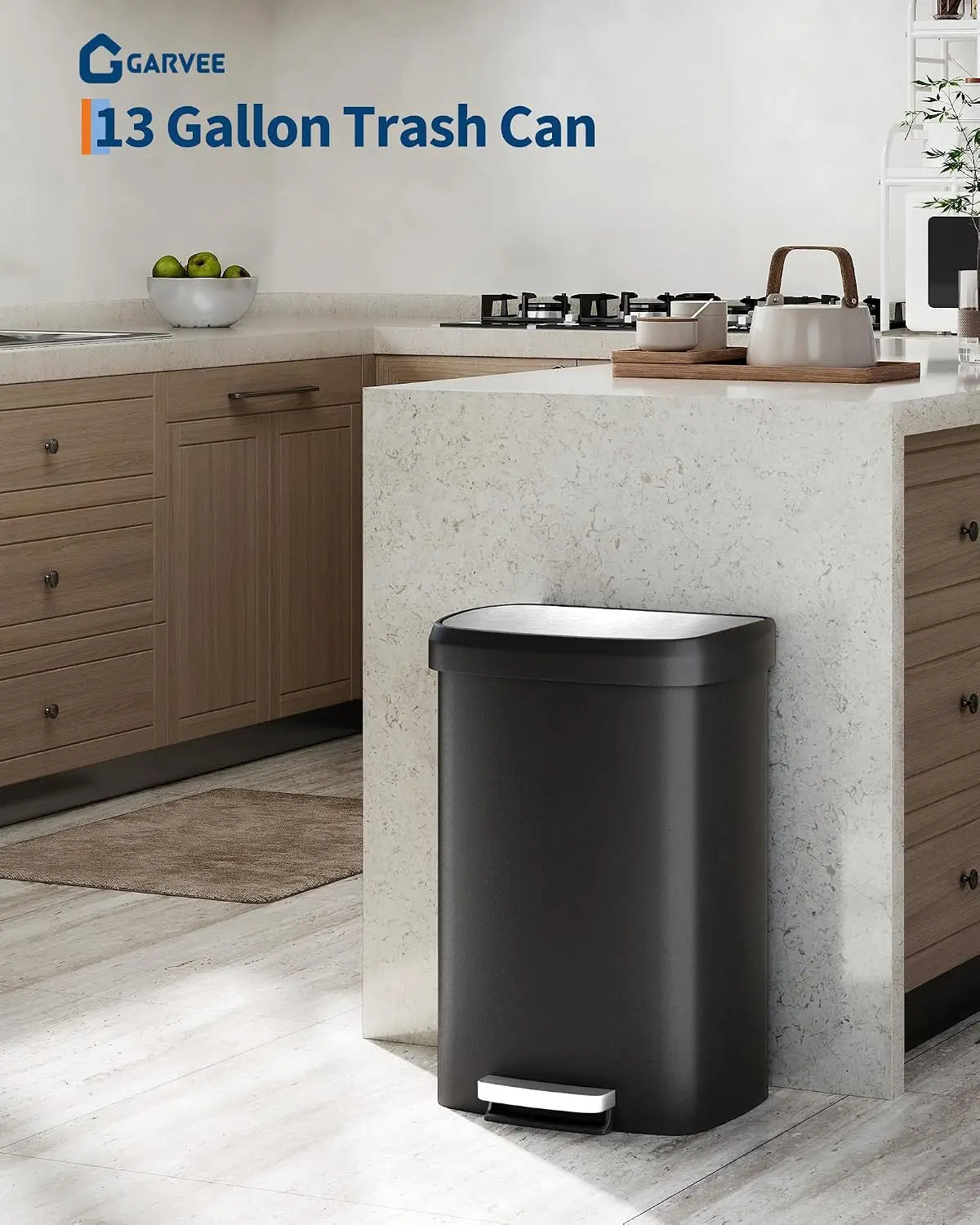 13 Gal / 50L Plastic Step Trash Can – Soft Close Lid, Liner Rim, Rear Handle, Large Kitchen Garbage Bin, Black