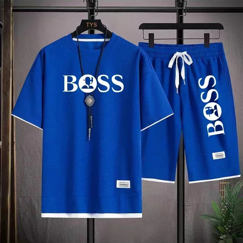Summer 2025 new men's breathable short-sleeved T-shirt + quick-drying shorts two-piece set, outdoor fashionable men's sportswear