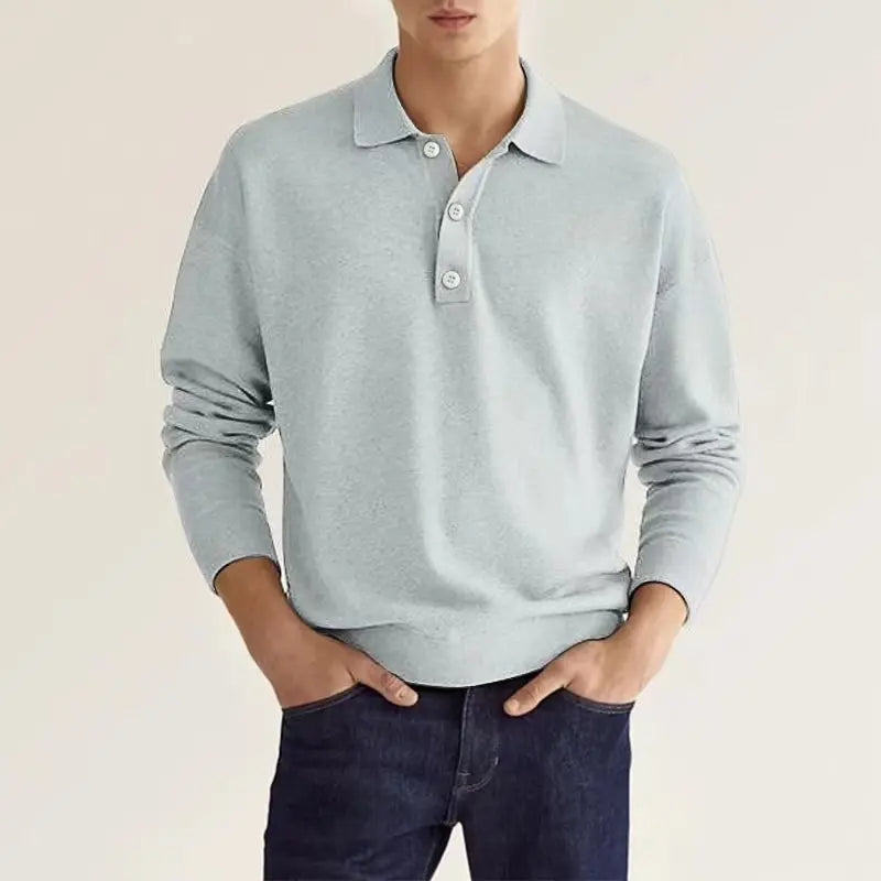 Men Long Sleeve Polo Shirt V Neck Button Up Casual Autumn Basic Solid Color Knitwear Tops For Men