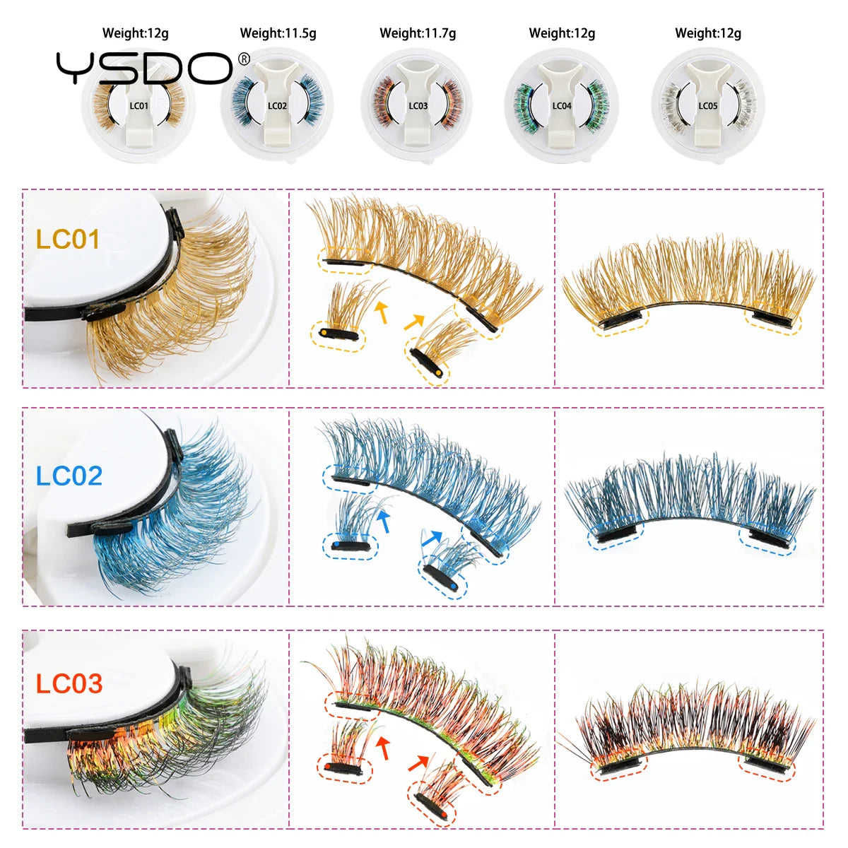 YSDO Colored Magnetic Eyelashes Natural Faux 3D Mink Lashes Reusable Makeup Party Cosplay Shiny Colorful Magnet TRUE Lashes