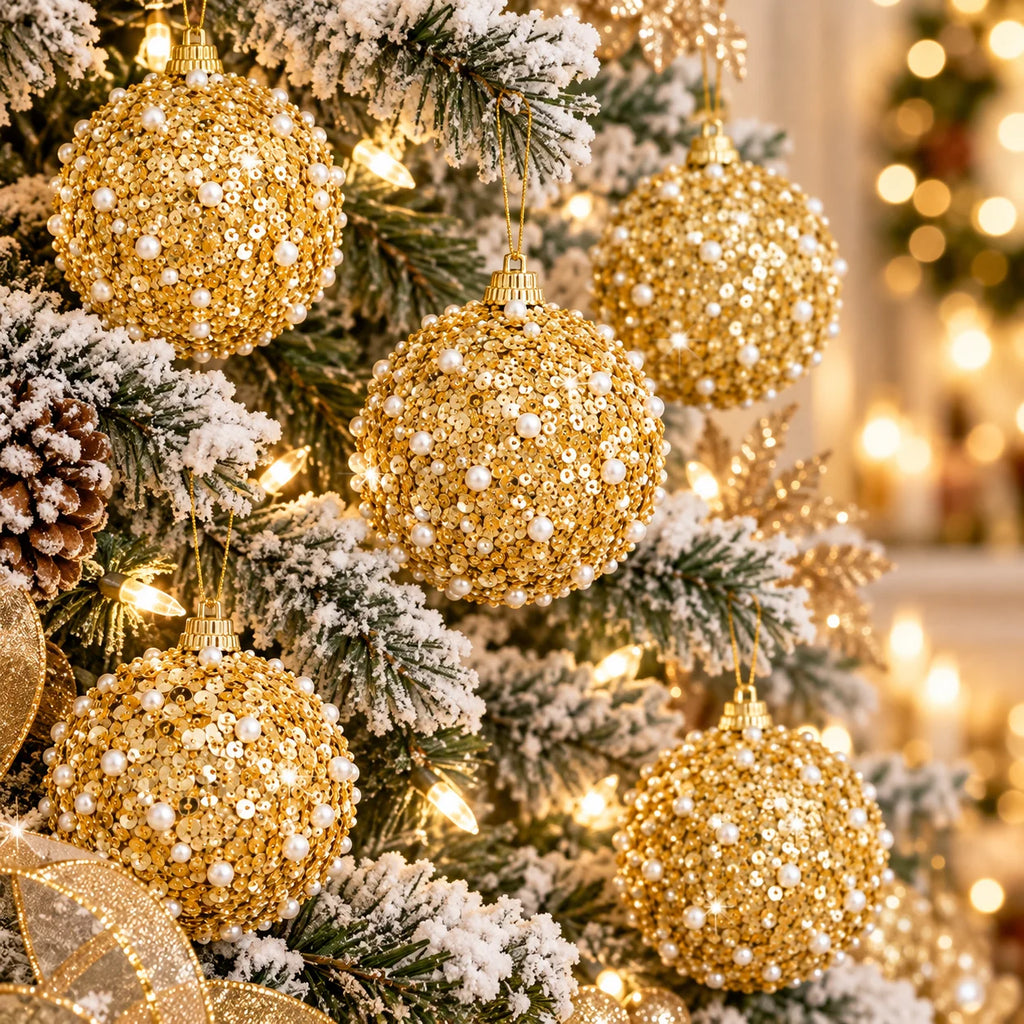 6PCS Gold Christmas Ball Ornaments, Pearl Sequin Baubles 8cm Glitter Hanging Balls Xmas Tree Holiday Decor