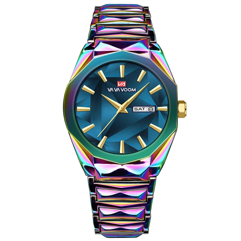 Men's Watch Business And Leisure Dual Calendar Waterproof Stainless Steel Strap Color Changing Dial Quartz Watch Clock Gift