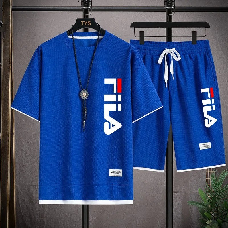 2026 Summer Men's Sports Set Casual T-shirt+Shorts Set Waffle Fashion Short Sleeve Shorts Two sets of Sports Set Loose Set