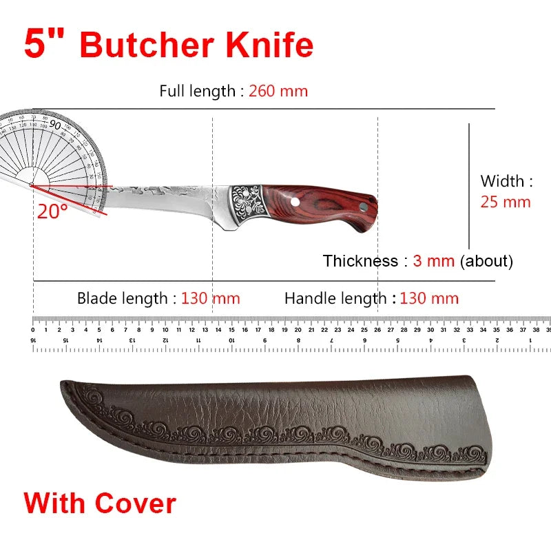 Kitchen Boning Knife Chef Butcher Meat Cleaver Stainless Steel Fruit Paring Knife Cut Meat Pork Beef Fish Cutting Wood Handle