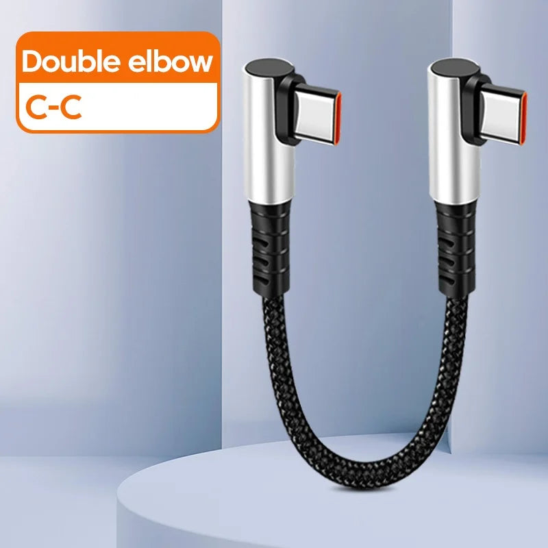 6A 0.25 0.5M Short Cable 90 Degree Elbow USB A Type C to Type C Cable Fast Charging Data Cord Power Bank Wire For iPhone 15 IPad