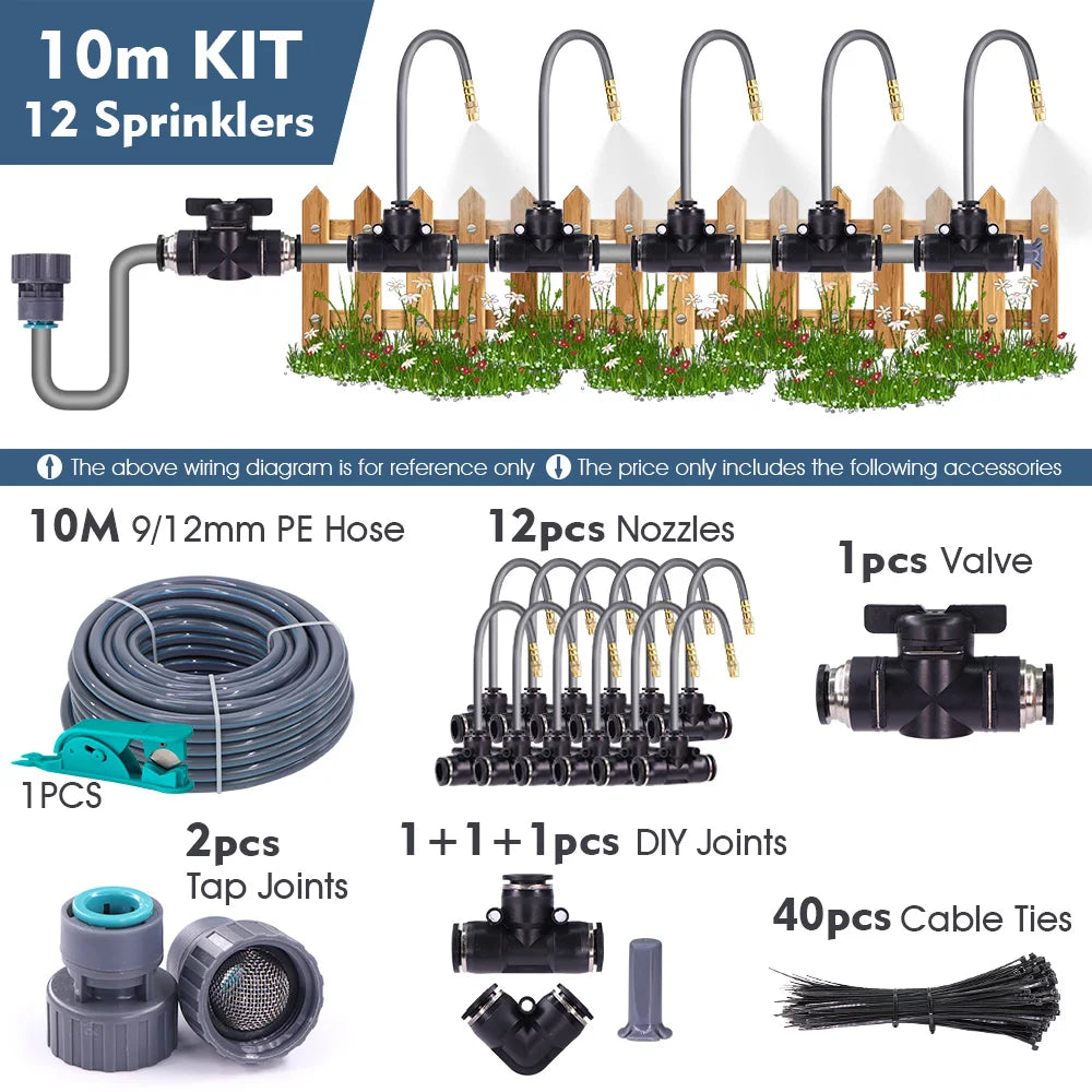 3/8" 9/12mm Misting Cooling System 360° Free-Bend Nozzle Atomizer Sprayer PE Hose 80 Mesh Filter Garden Irrigation Watering Kit