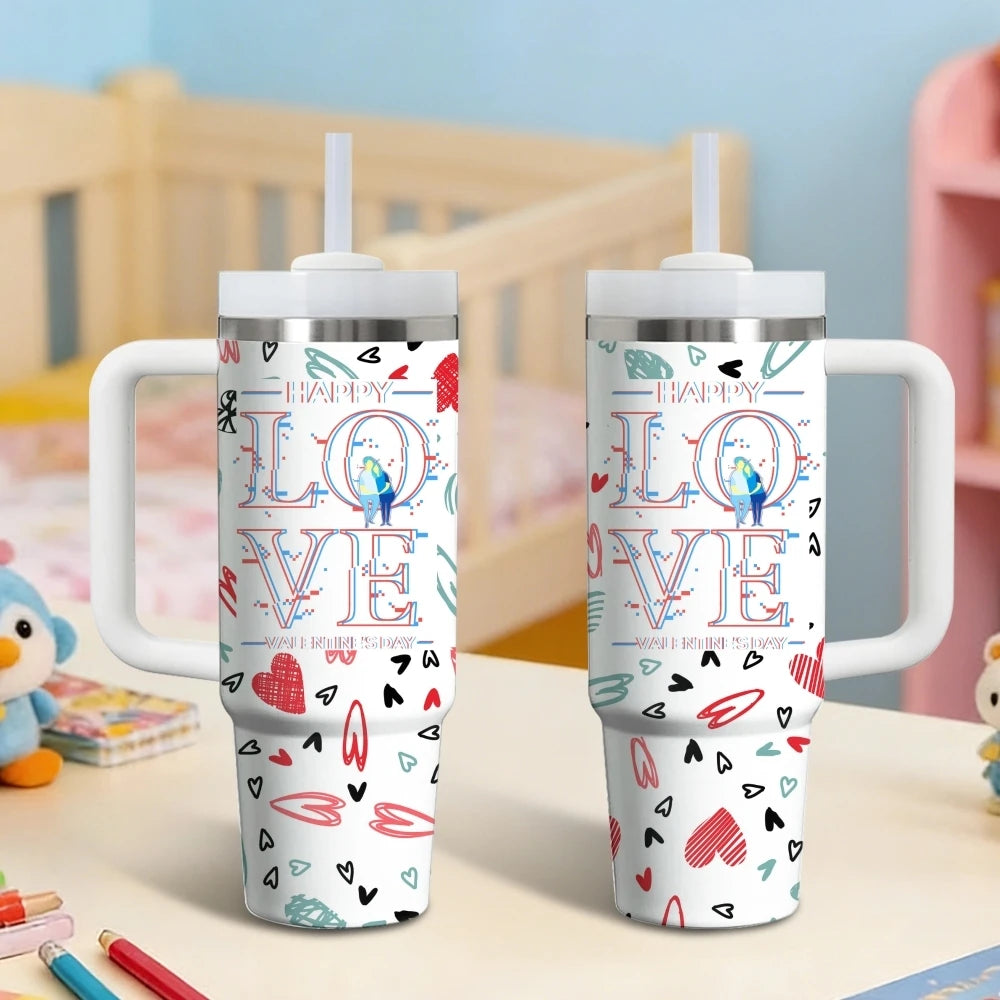 Happy Love Valentine's Day Vacuum Flasks 40oz Stainless Steel Vacuum Insulated Tumbler with Straw Leak Resistant Travel Mug