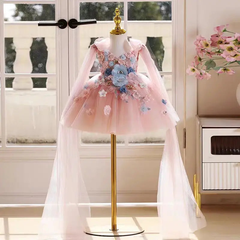 Jill Wish J535 Floral Pink Flower Girl Dress with Cap Flowers Princess Toddler Kids Wedding 1st Birthday Pageant Party Ball Gown