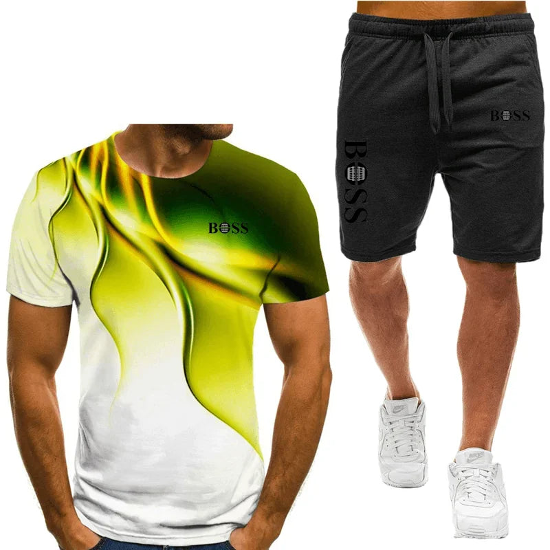 Men's T-shirt and shorts set, running fashion printed short sleeved sports T-shirt, summer 2024