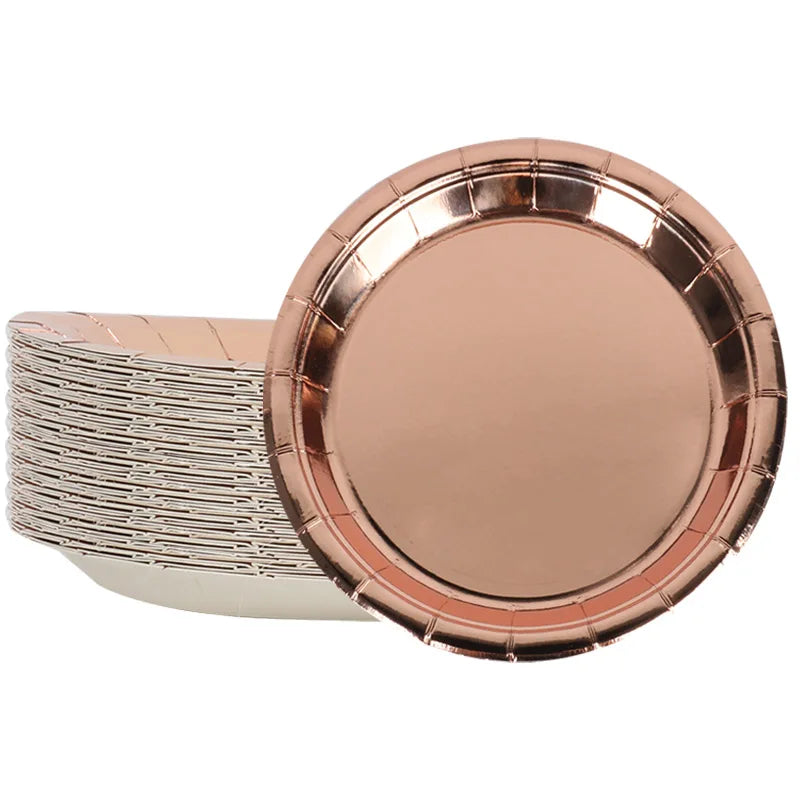 Rose Gold Disposable Tableware Diamond Pattern Paper Cups Plates Straws Table Decoration Wedding Birthday Party Supplies
