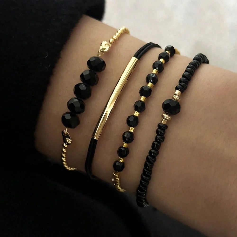 4PCS Fashion  Black Glass Stone Bracelet Set For Women Bohemian Multilayer Stacked Rice Beaded Link Chain Jewelry