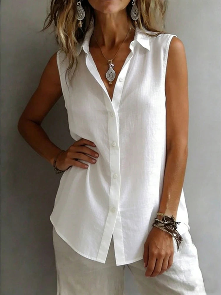 Fashionable and Elegant Sleeveless Collared Shirt for Women, Versatile Loose Casual Commuter Tank Top, Solid Color Button-Front Daily Wear