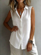 Fashionable and Elegant Sleeveless Collared Shirt for Women, Versatile Loose Casual Commuter Tank Top, Solid Color Button-Front Daily Wear