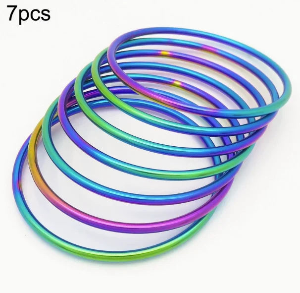 7pcs /set Lot Women Girls Bracelet Stainless Steel 3mm Thin Round Wire Plain Cuff Bangle Multi-color Joint layered 65mm KB63146