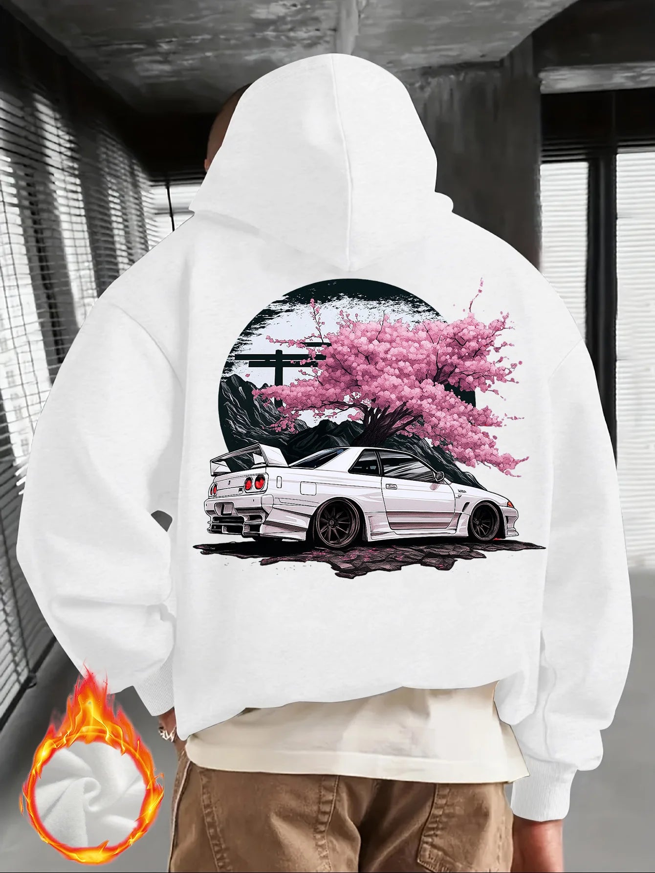 Men's Black Hoodie with White JDM Car and Pink Cherry Blossom Back Print, Japanese Street Style Pullover