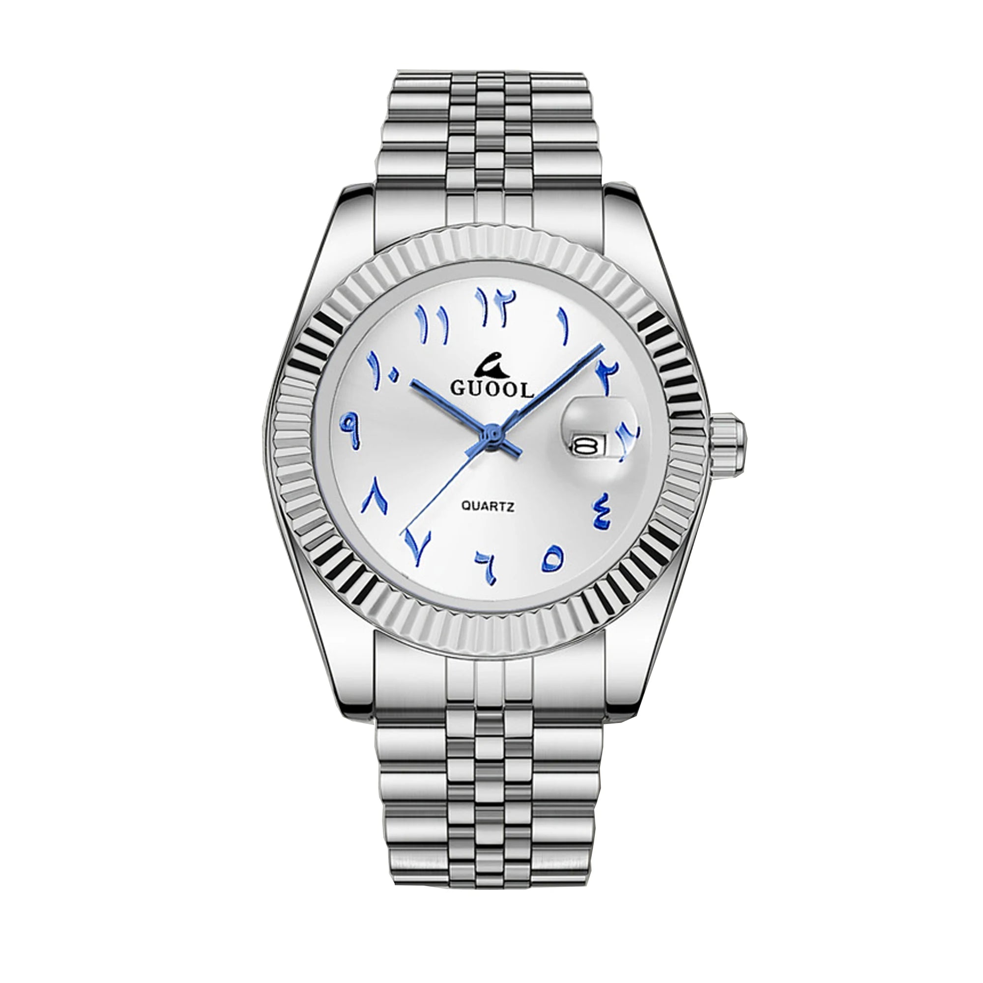 Men's Stainless Steel Five-Link Band Watch, Arabic Numerals, Calendar Display, Business Style