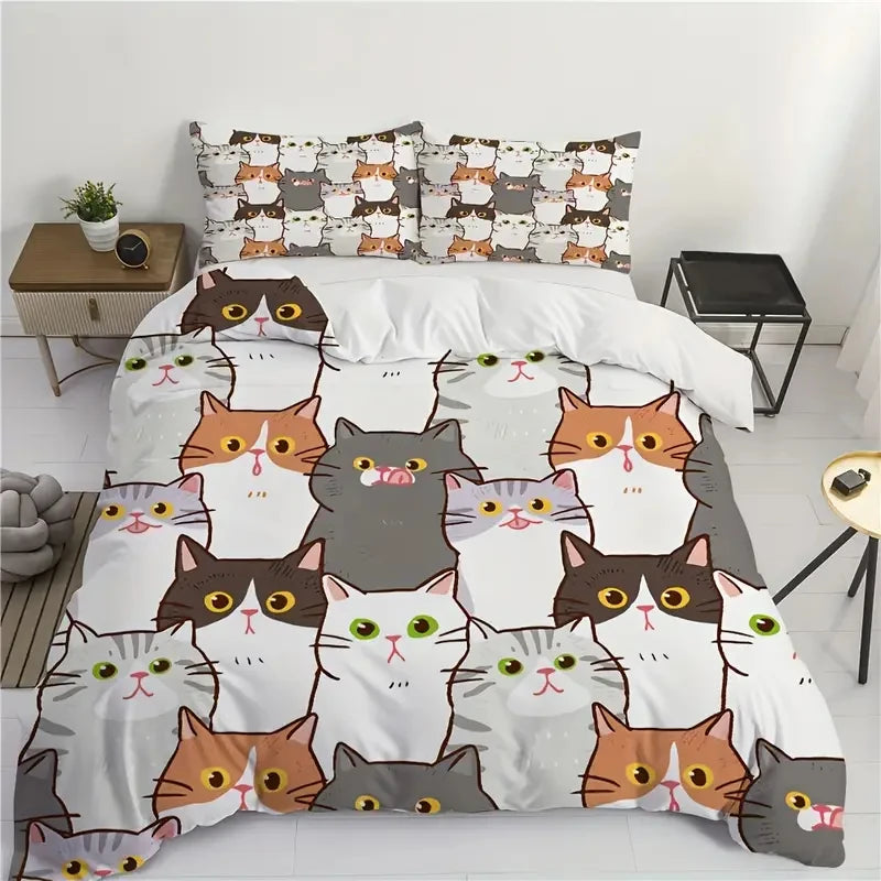 Cute Cat 3pcs Duvet Cover Set, 3D Digital Printed Duvet Cover, Soft Comfortable Breathable Bedding Set for Bedroom, Dorm