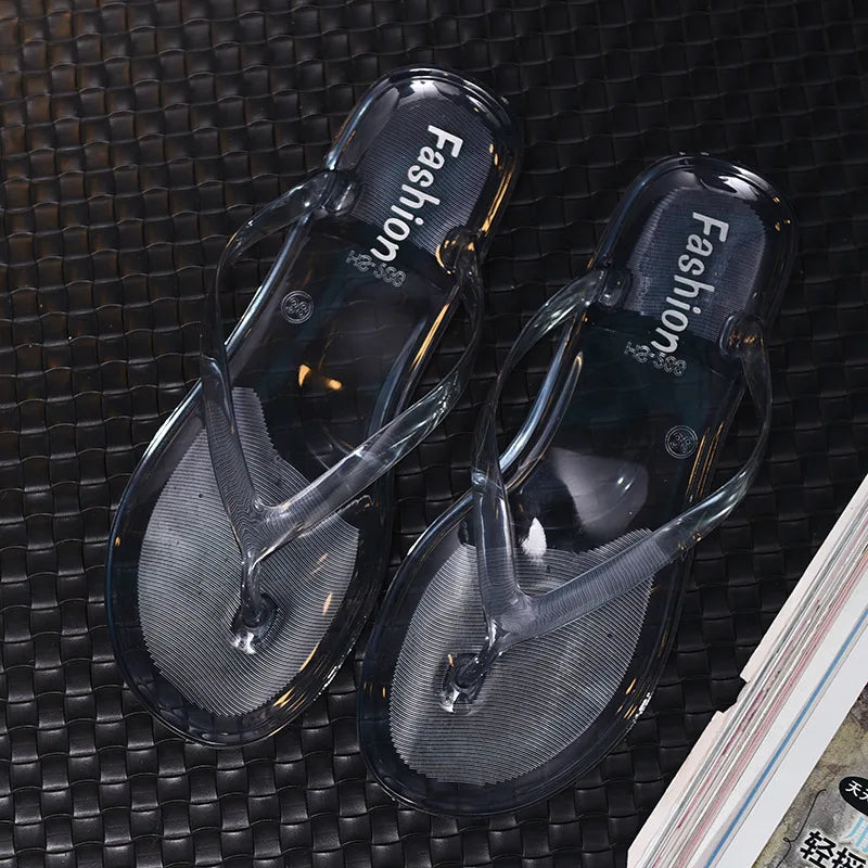Fashion Transparent Jelly Crystal Flip Flops Female Flat Bottom Korean Version Summer Beach Leisure Casual Outdoor Sandals