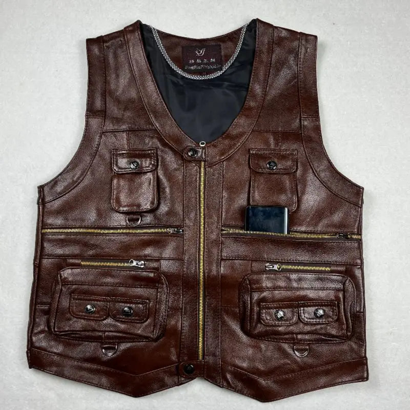 2025 Cowhide Genuine Leather Man Vest Waistcoat Male clothing Jacket Thick Motorcycle Multi Pocket leather biker Men safety vest