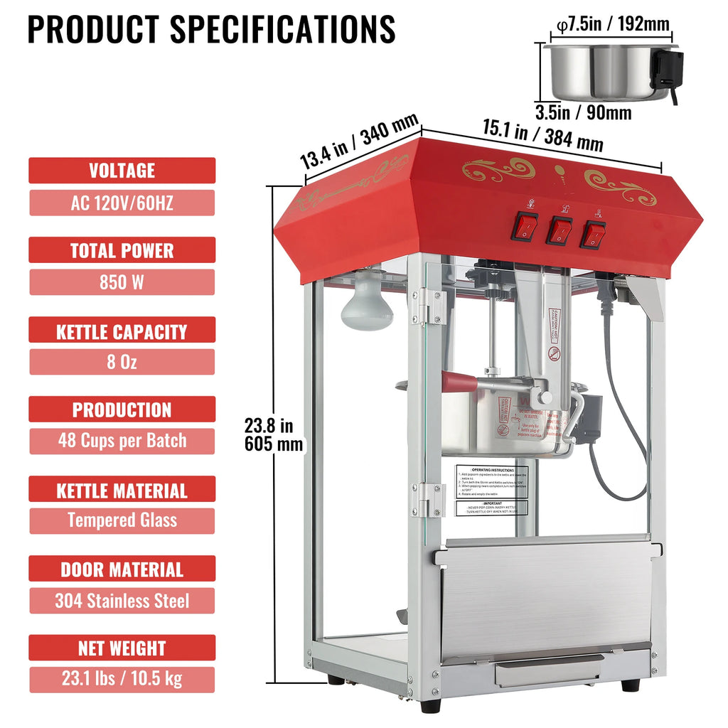 SucceBuy 8 Oz Popcorn Maker Popcorn Popper Machine Kettle Makes 48 Cups per Batch Countertop Popcorn Maker with Tempered Glass