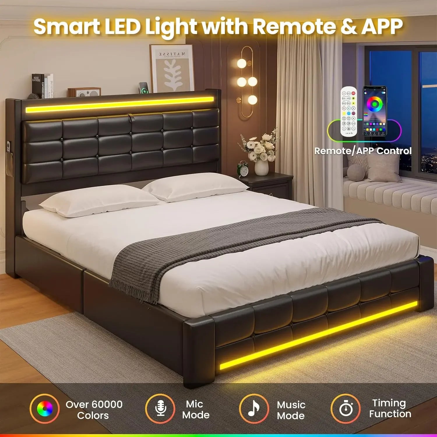 Queen Bed Frame with Storage Headboard & 4 Drawers, LED Bed Frame Queen with Charging Station, Leather Upholstered, Customized