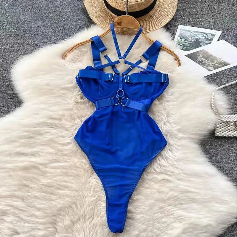 Valentine Party Sleepwear Combination Catsuits Slim Intimate Erotic Mesh Strappy Rompers Women Bodysuits Lingerie Sexy Sets