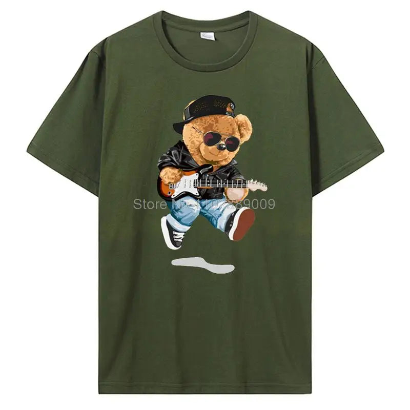 Teddy Bear Playing Badminton T-shirt Cotton Clothing Tops Graphics Kawaii Men Women Short Sleeve Print TShirt Tees