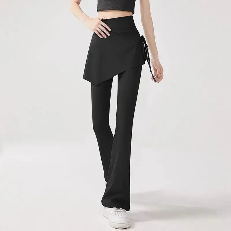 Women's Flare Pants with Skirt Overlay - High Waist Casual Bootcut Leggings
