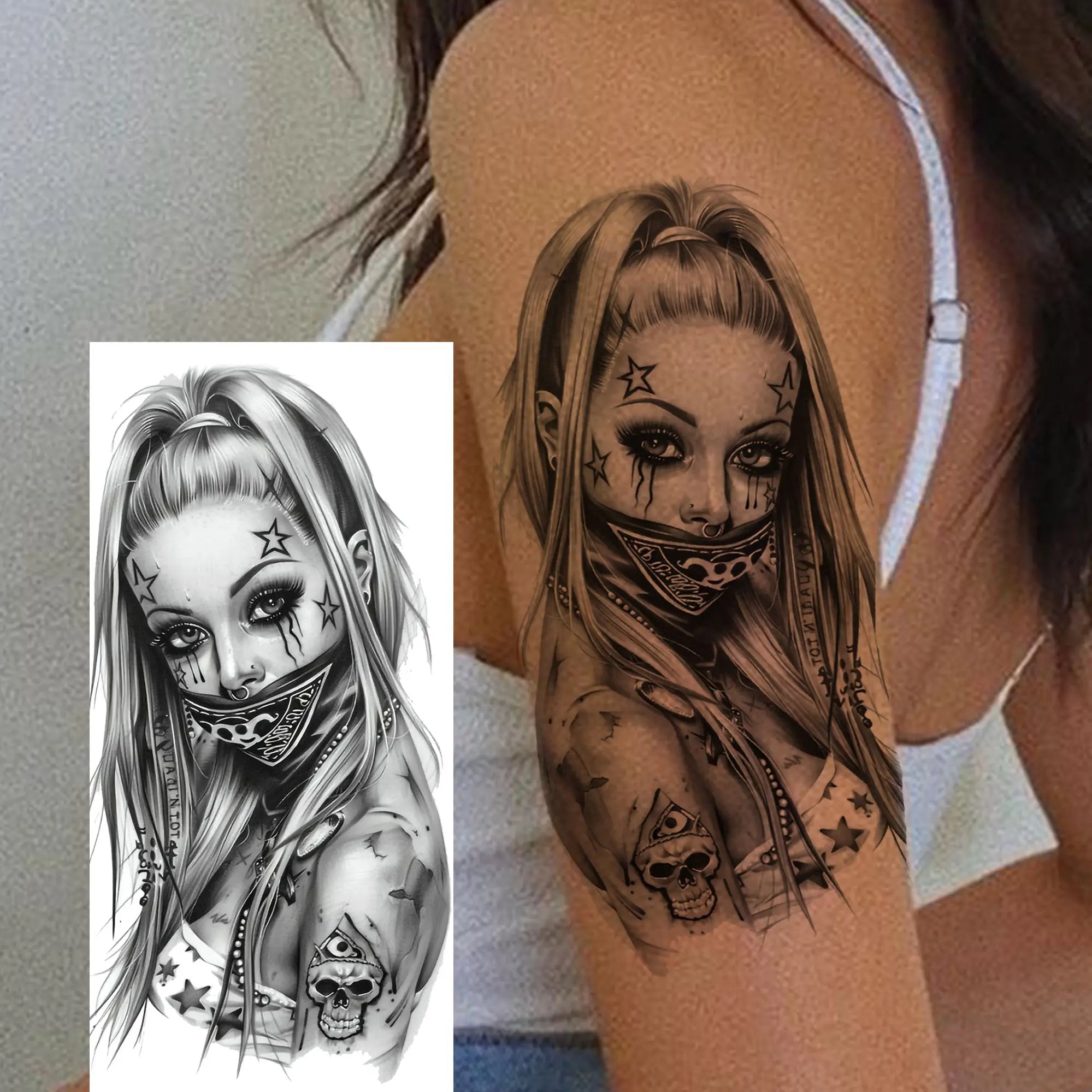 1 Sheet Bad Guy Robber Poker Temporary Tattoos For Men Women Gangster Joker Rebel Waterproof Realistic Fake Tattoo Arm Stickers