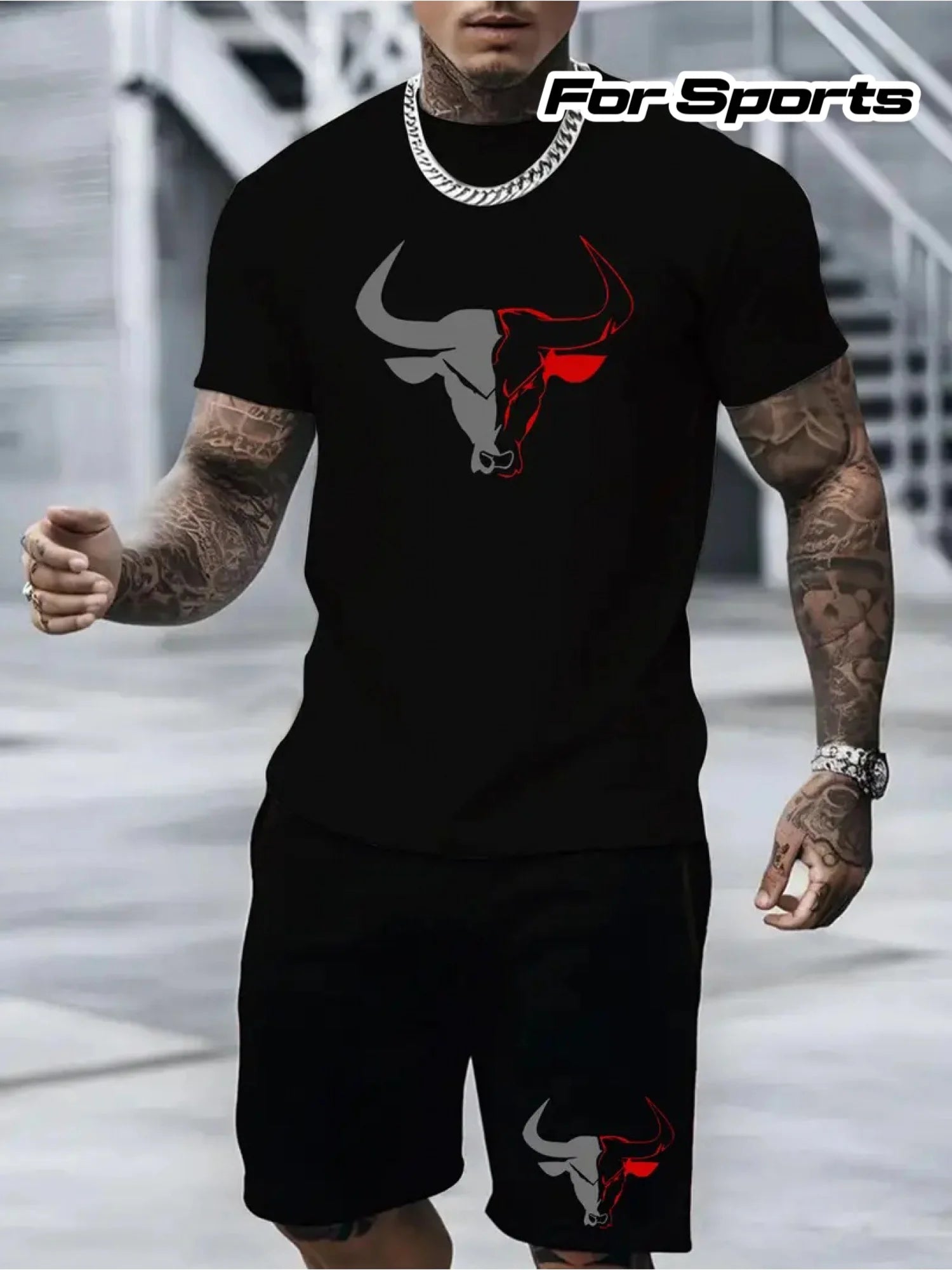 Two-piece men's fashionable summer round-neck short-sleeved t-shirt and shorts set men's vacation and fitness clothing