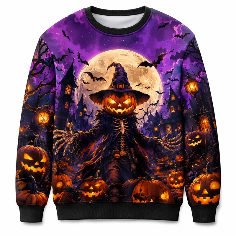 2026 New Pumpkin Skeleton Graphic Halloween Sweatshirts Fashion Holiday Wear Unisex Crew Neck Sweater Loose Streetwear Pullovers