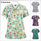 Christmas Print Scrubs Tops Women Short Sleeve V-neck Blouse Nurse Uniforms T-Shirt Medical Working Uniform Veterinary Workwear