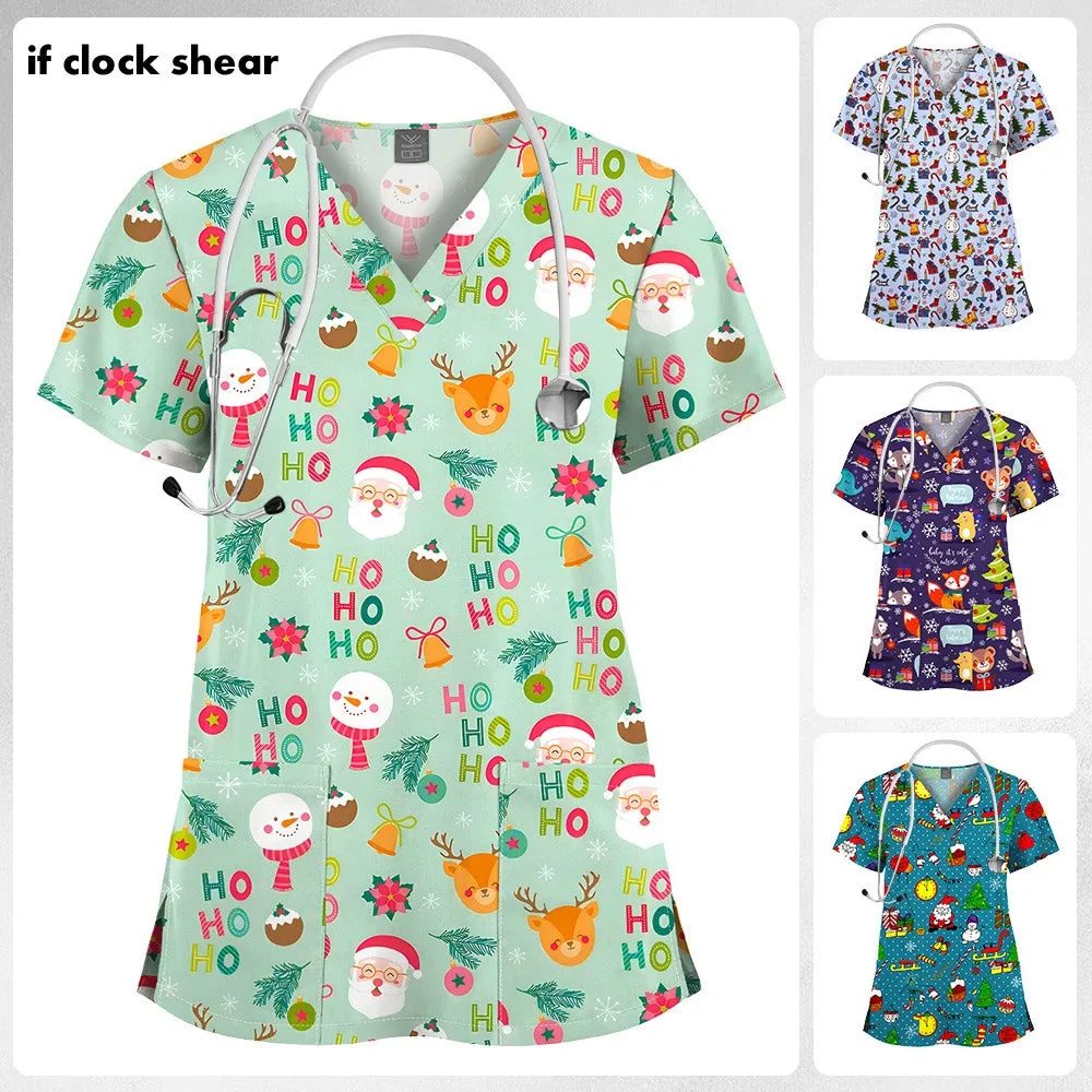 Christmas Print Scrubs Tops Women Short Sleeve V-neck Blouse Nurse Uniforms T-Shirt Medical Working Uniform Veterinary Workwear
