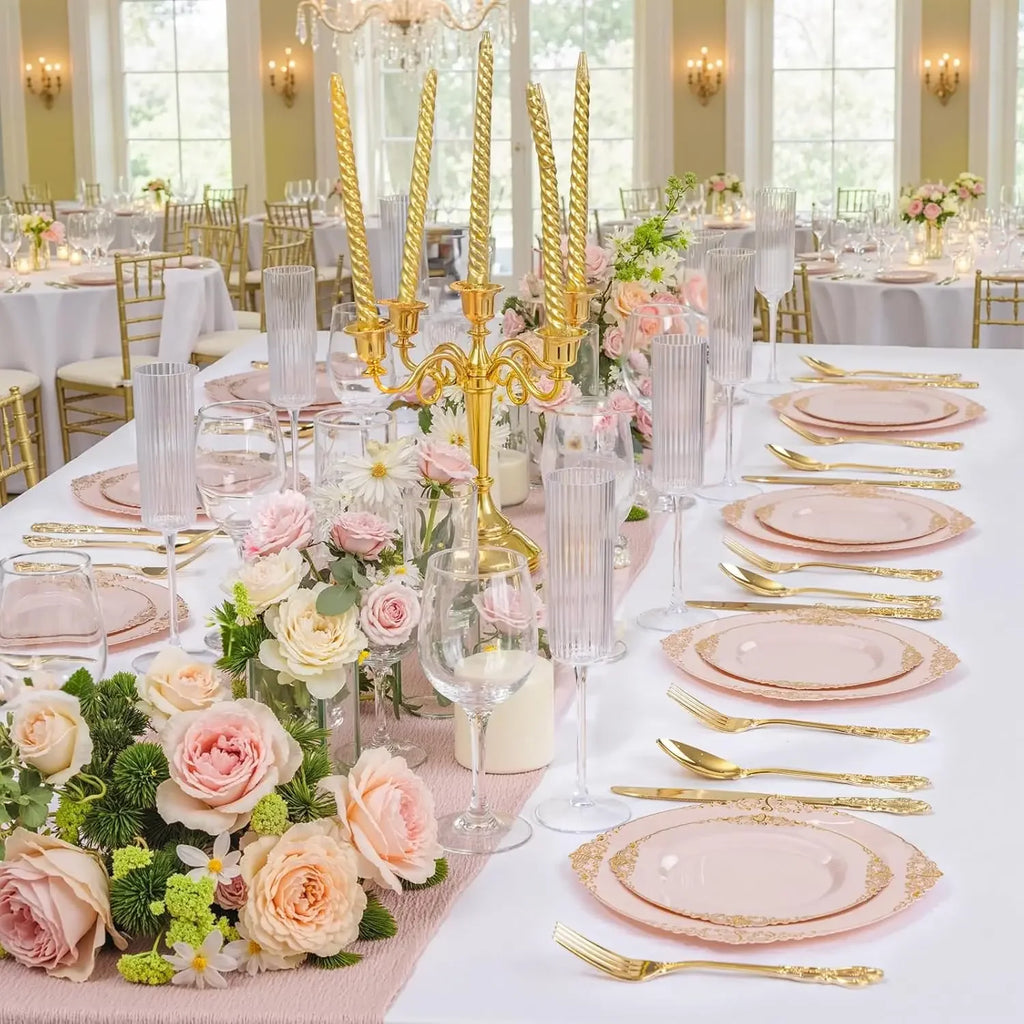 hot-selling200PCS Pink and Gold Plates - Pink Plastic Plates - Fancy Disposable Plate with Gold Rim - Vintage Wedding Dinner & D
