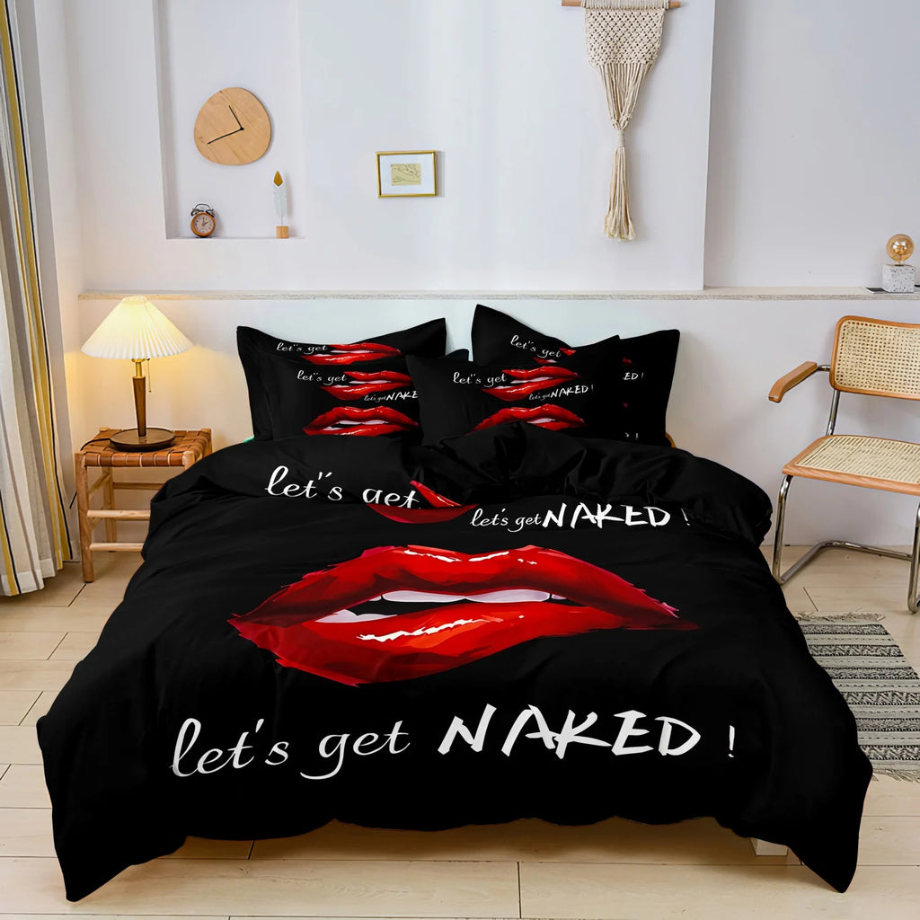 3Pcs Sexy Red Lips Pattern Soft Comfortable Bedding Set Included 1 Duvet Cover & 2 Pillowcases For All-Season Home Dorm Hotel