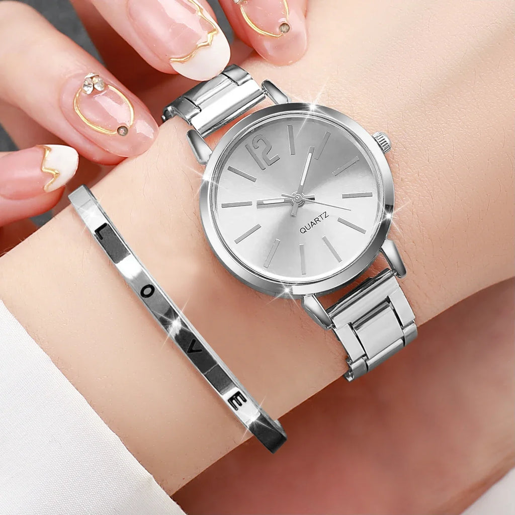 2PCs Set Fashion Women Elagant Watch Bracelet Casual Simple Steel Strap Quartz Watch Love Bracelet Temperament Wearing Style
