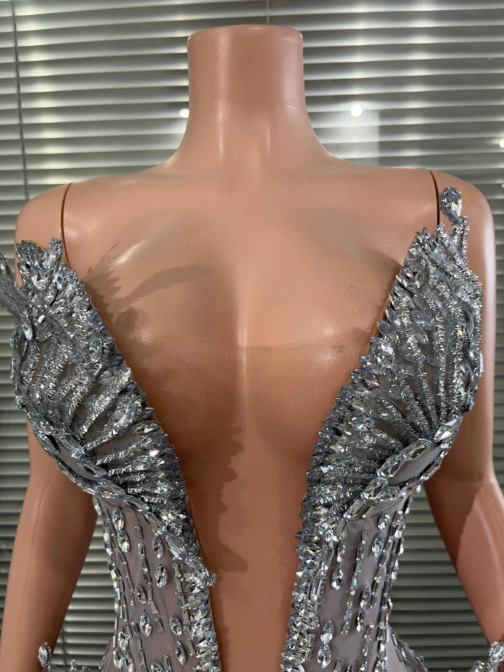 Luxury Deep V Neck and Sculptural Rhinestone Silver Crystal Mesh Mini Dress  Accents for Photoshoots and Red Carpet