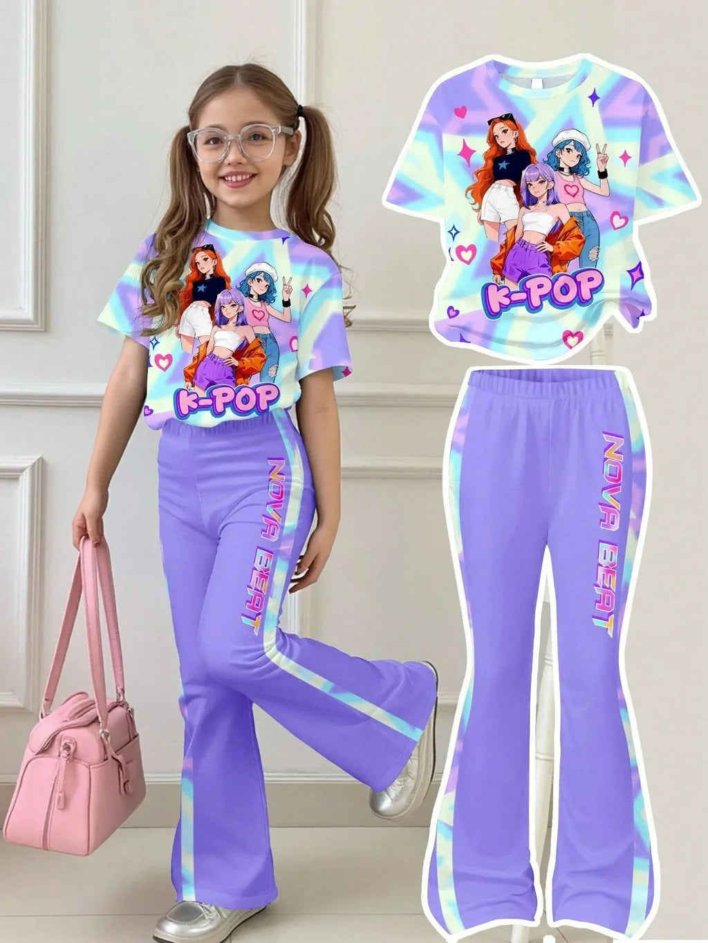 Girl K-Pop Cartoon Idol Print 2-piece Set Pink Tie Dye Short Sleeved T-shirt Purple Flared Pants Children's Casual Sportswear