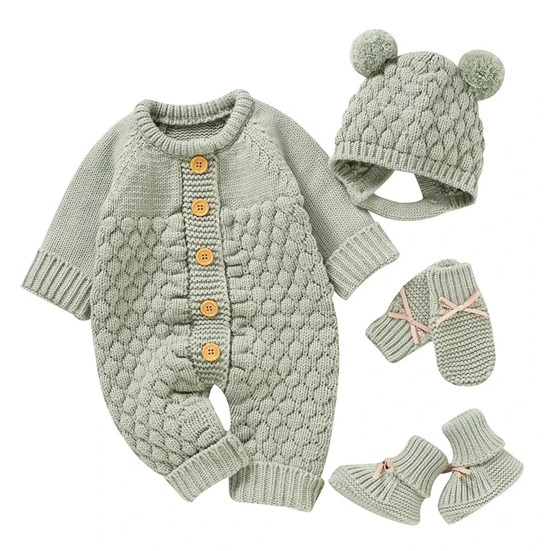 Newborn Baby Clothes Set Knitted Infant Girl Boy Romper +Hat +Gloves +Shoes Fall 4PC Long Sleeve Jumpsuit Outfits +Mitten +Boots